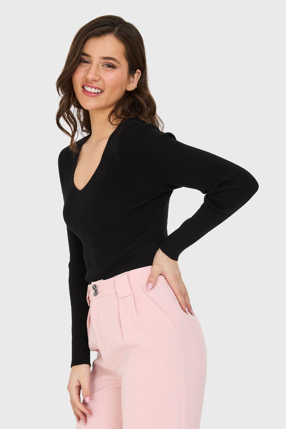 Sweater Cuello V Acanalado Negro Nicopoly-2