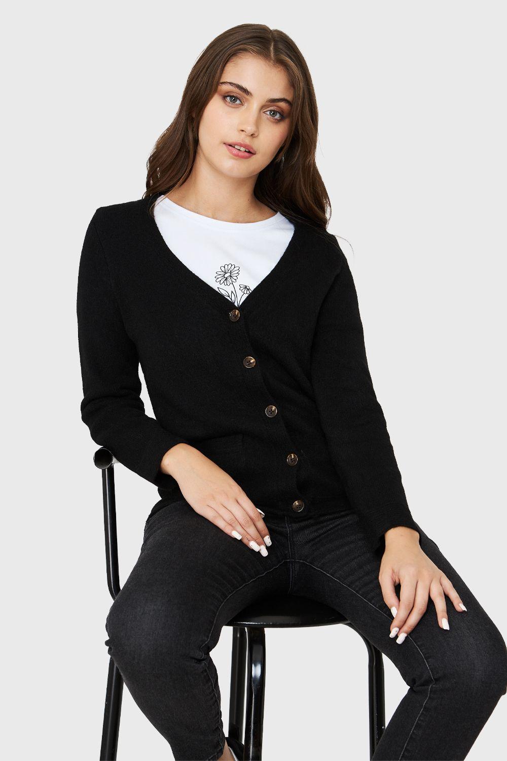 Cárdigan Abotonado Bolsillos Negro Nicopoly-0