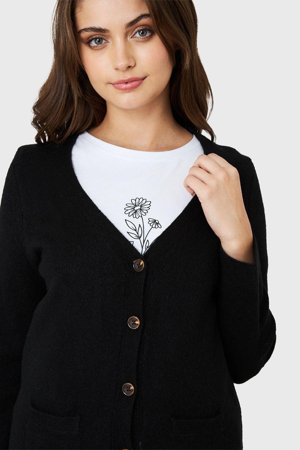 Cárdigan Abotonado Bolsillos Negro Nicopoly-5