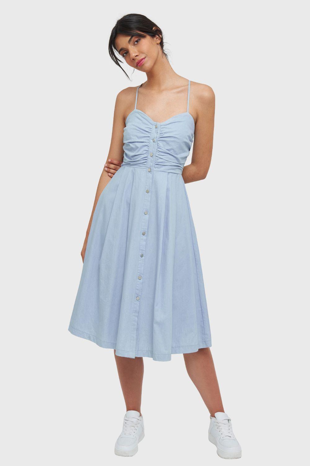 Vestido Botones Tipo Denim Celeste Nicopoly-1