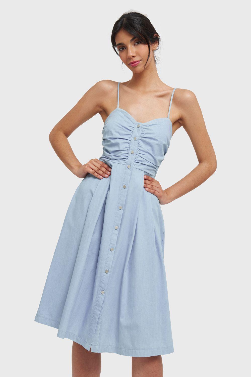 Vestido Botones Tipo Denim Celeste Nicopoly-0