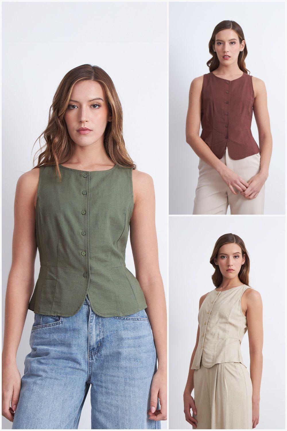 Gilet Cuello Redondo Tipo Lino Oliva Nicopoly-4