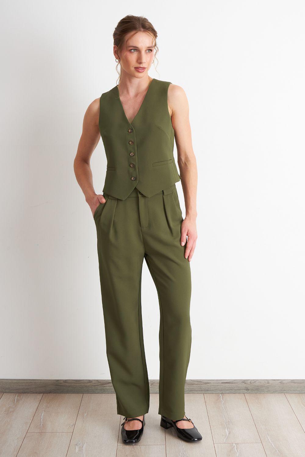 Pantalón Recto Con Pinza Oliva Nicopoly-1