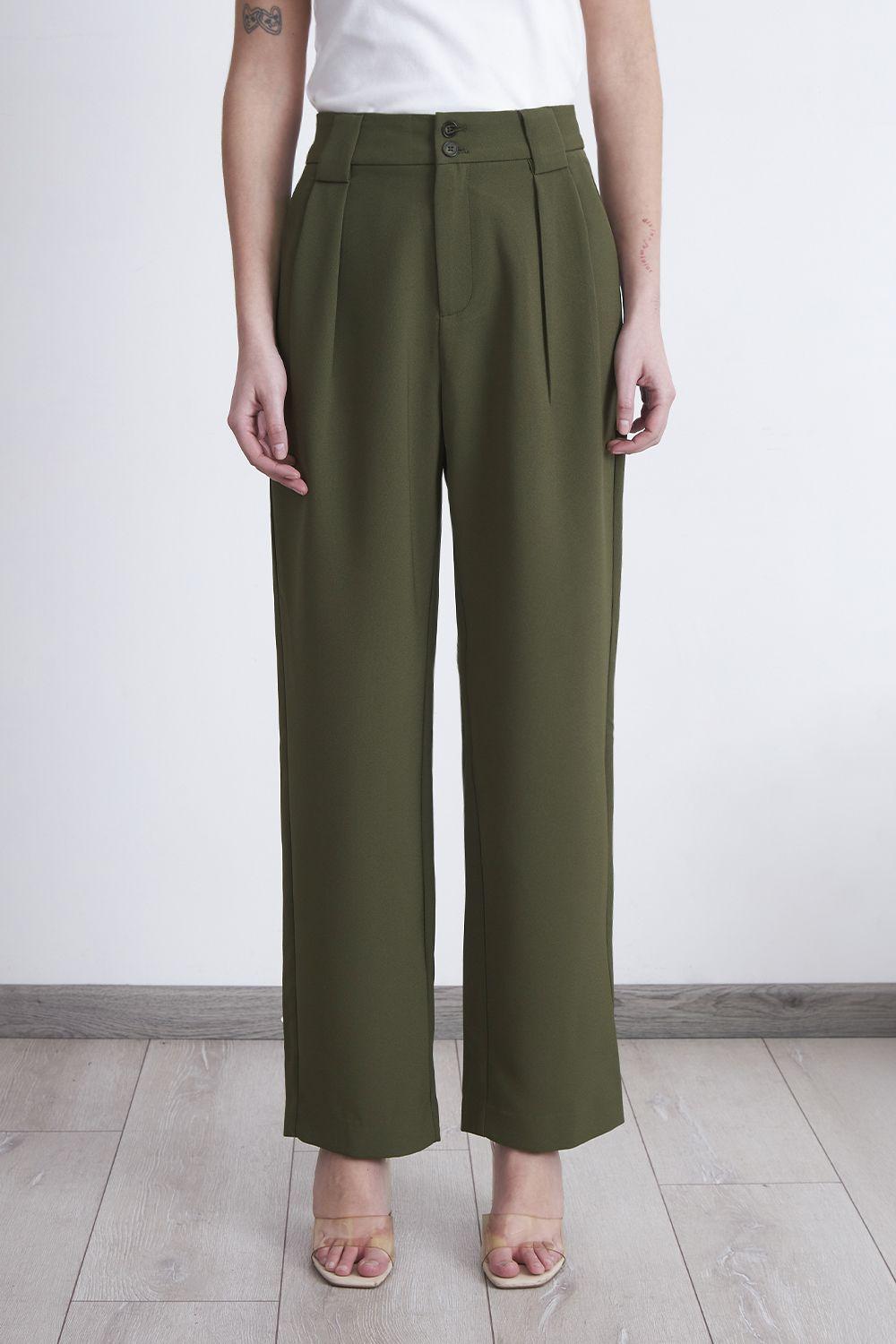 Pantalón Recto Con Pinza Oliva Nicopoly-2