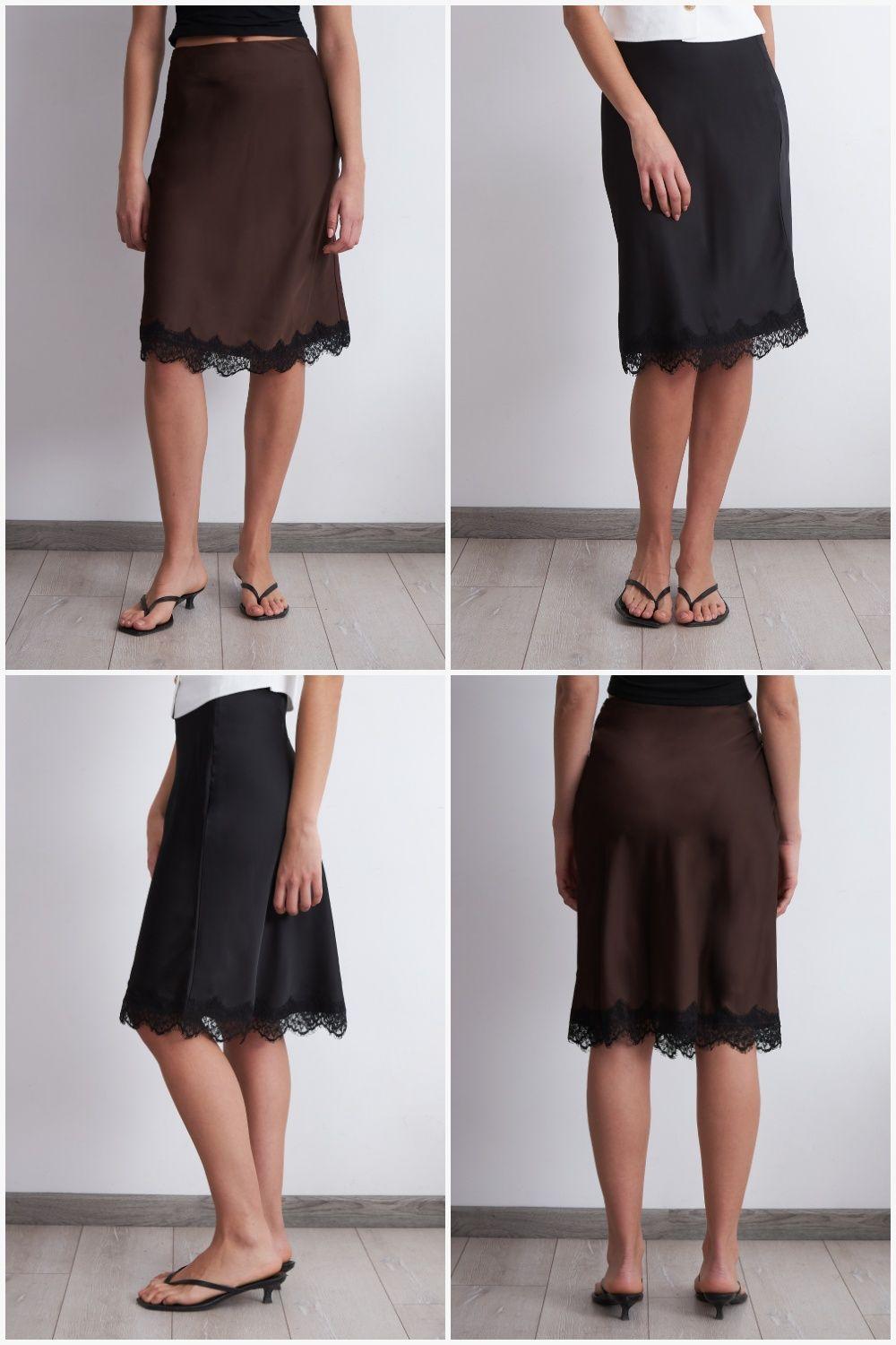 Falda Midi Tipo Satín y Encaje Negro Nicopoly-4