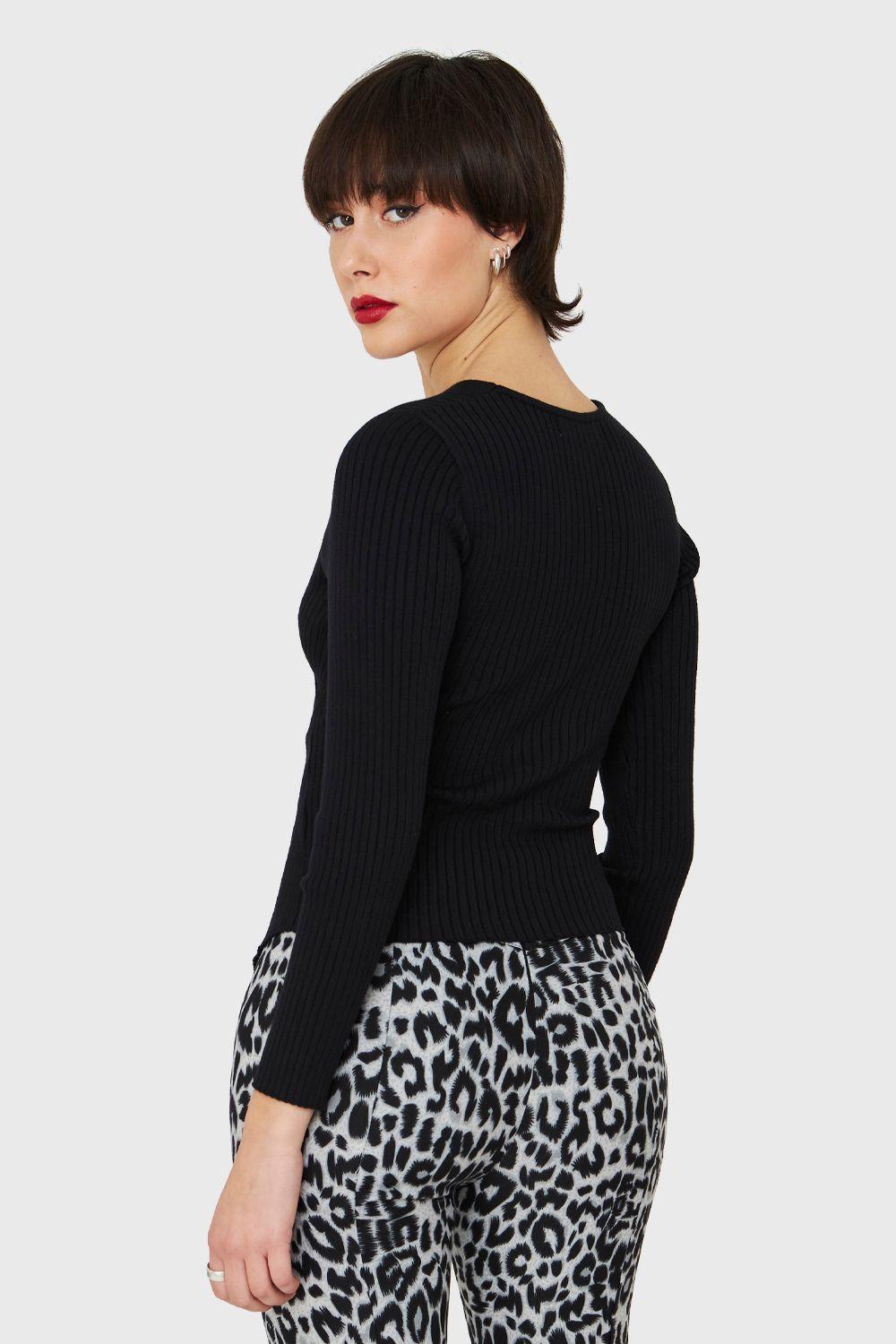 Polera Acanalada Escote Cruzado Negro Nicopoly-3