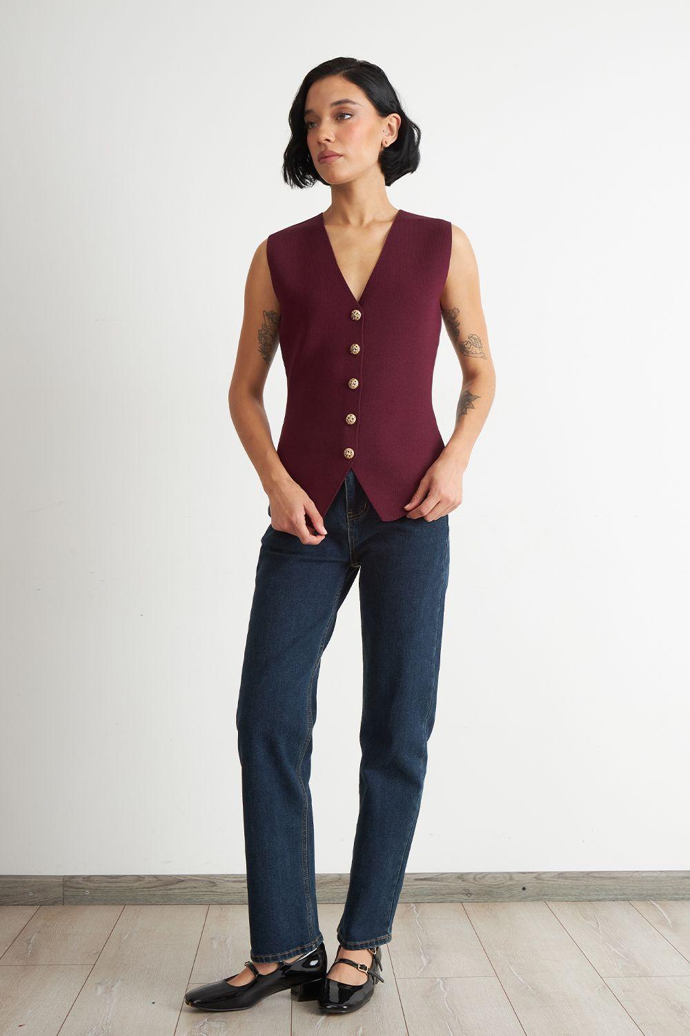 Gilet Largo con Botones Burdeo Nicopoly-1