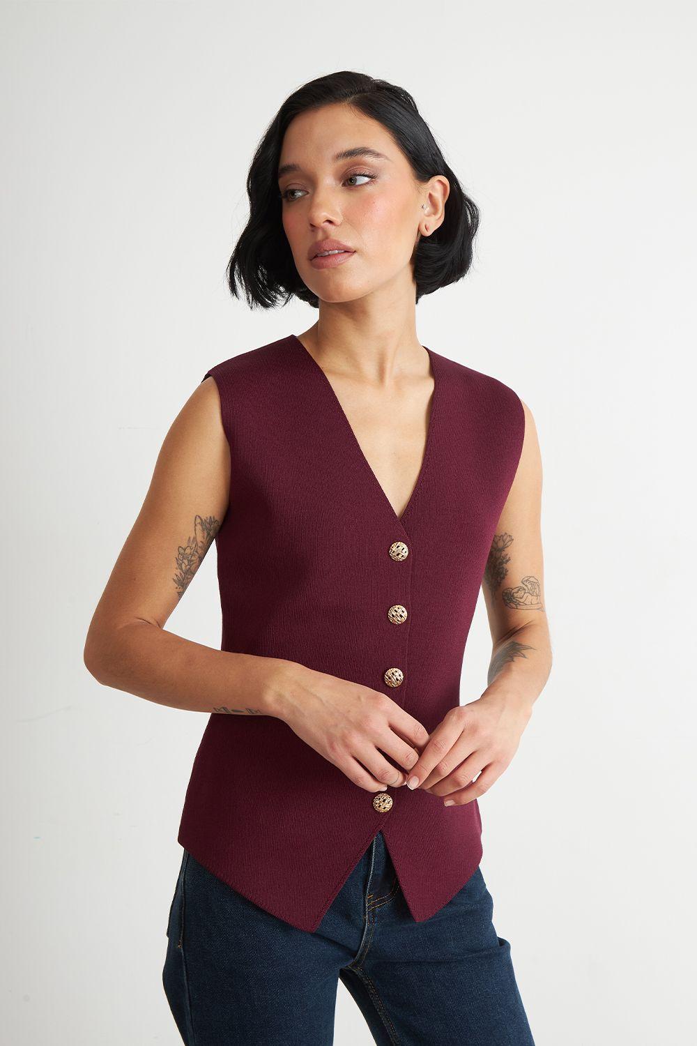 Gilet Largo con Botones Burdeo Nicopoly-2