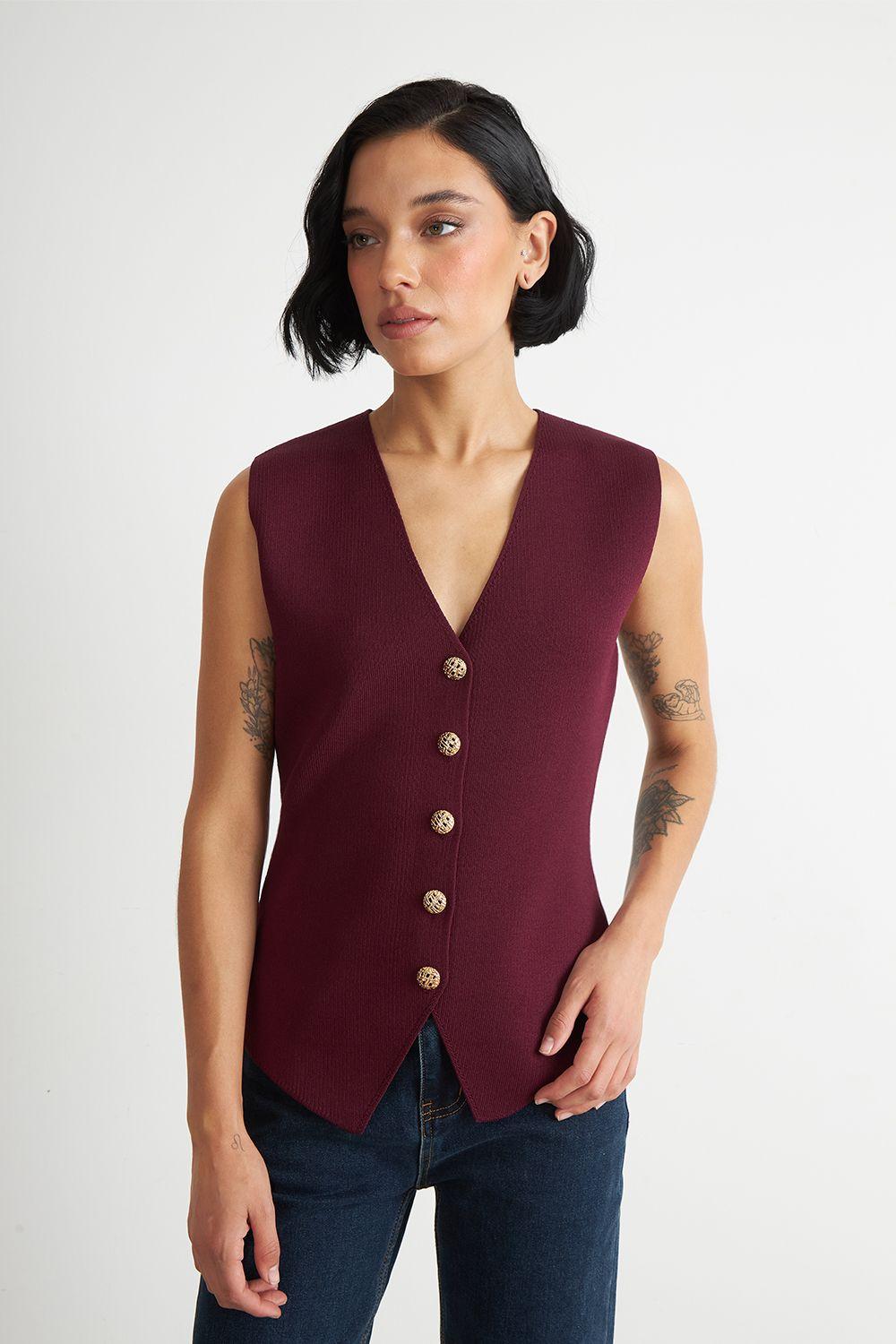 Gilet Largo con Botones Burdeo Nicopoly-4