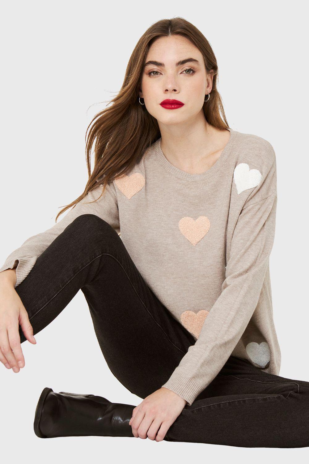 Sweater Corazones Khaki Nicopoly-0