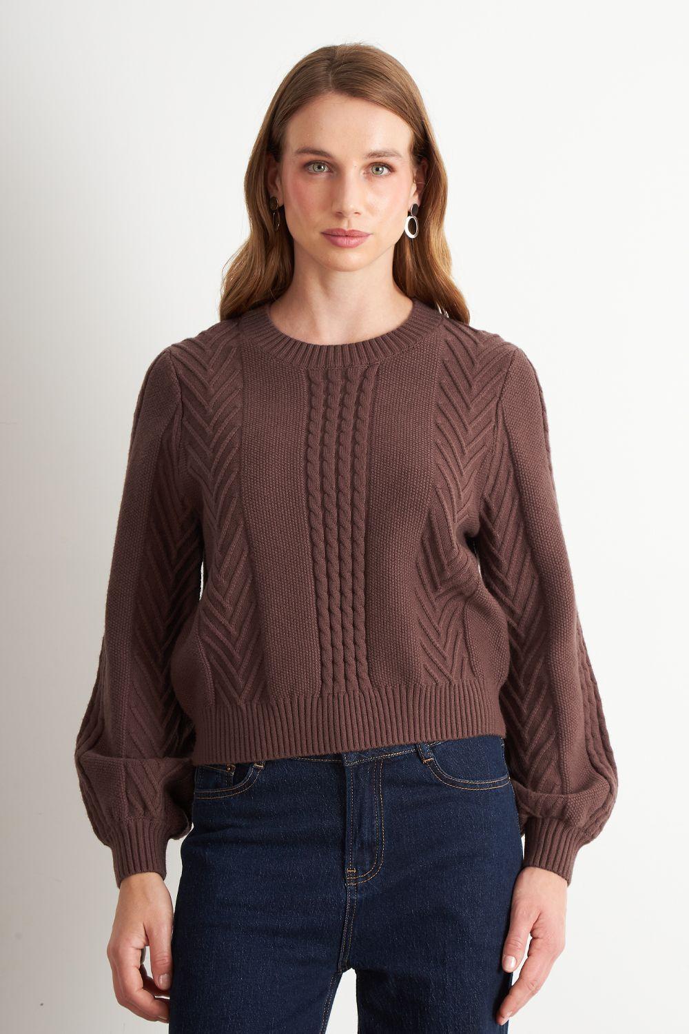 Sweater Trenzado Cuello Redondo Café Nicopoly-0