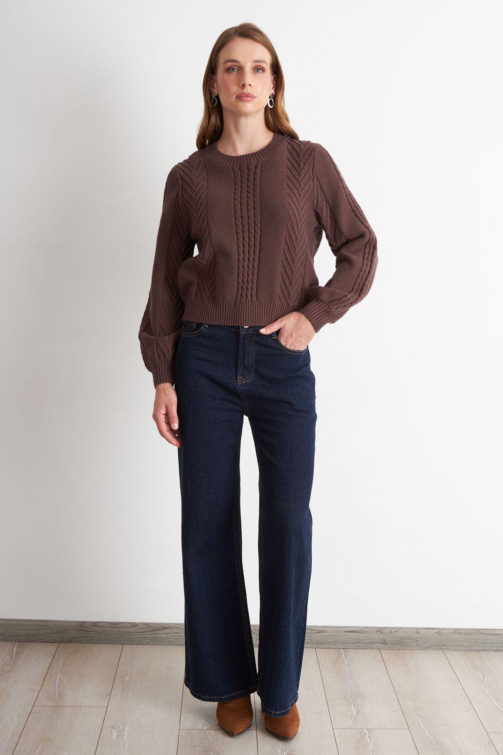 Sweater Trenzado Cuello Redondo Café Nicopoly-1