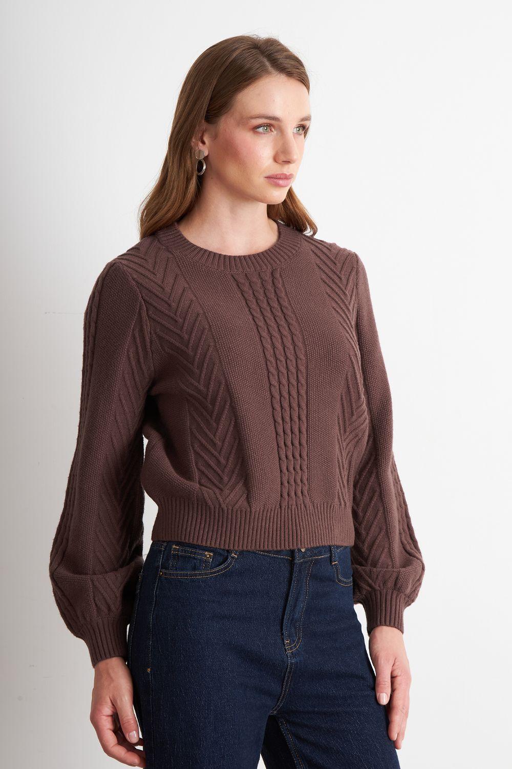 Sweater Trenzado Cuello Redondo Café Nicopoly-2