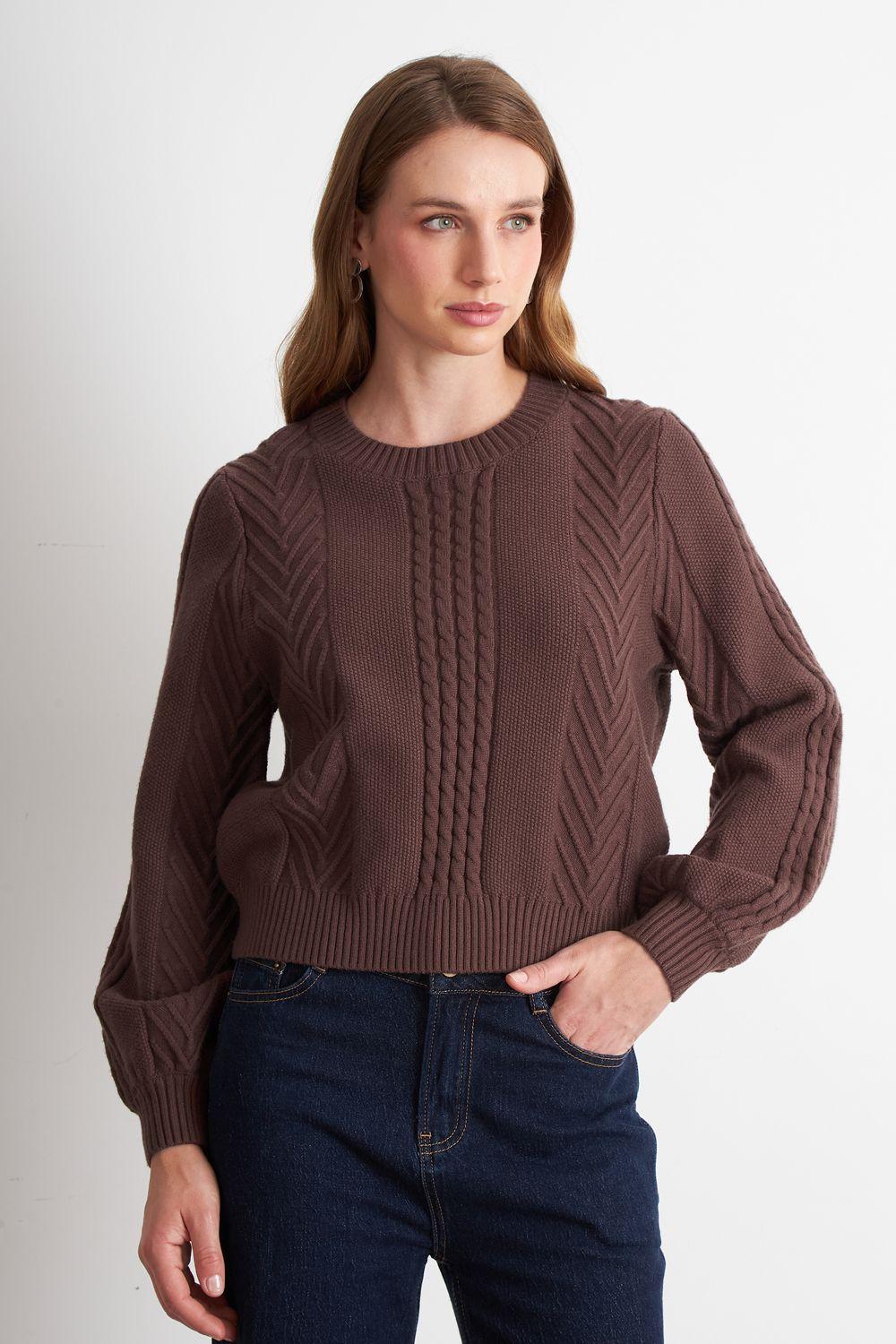 Sweater Trenzado Cuello Redondo Café Nicopoly-4