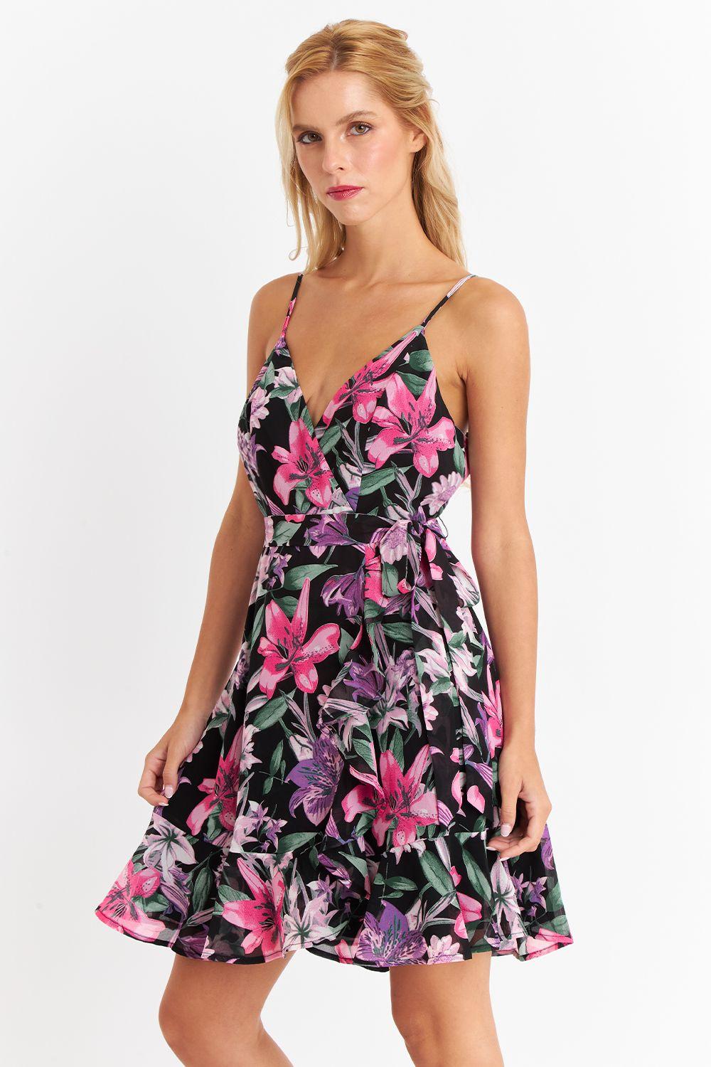 Vestido Corto Floral con Vuelos Cruzados Fucsia Nicopoly-4