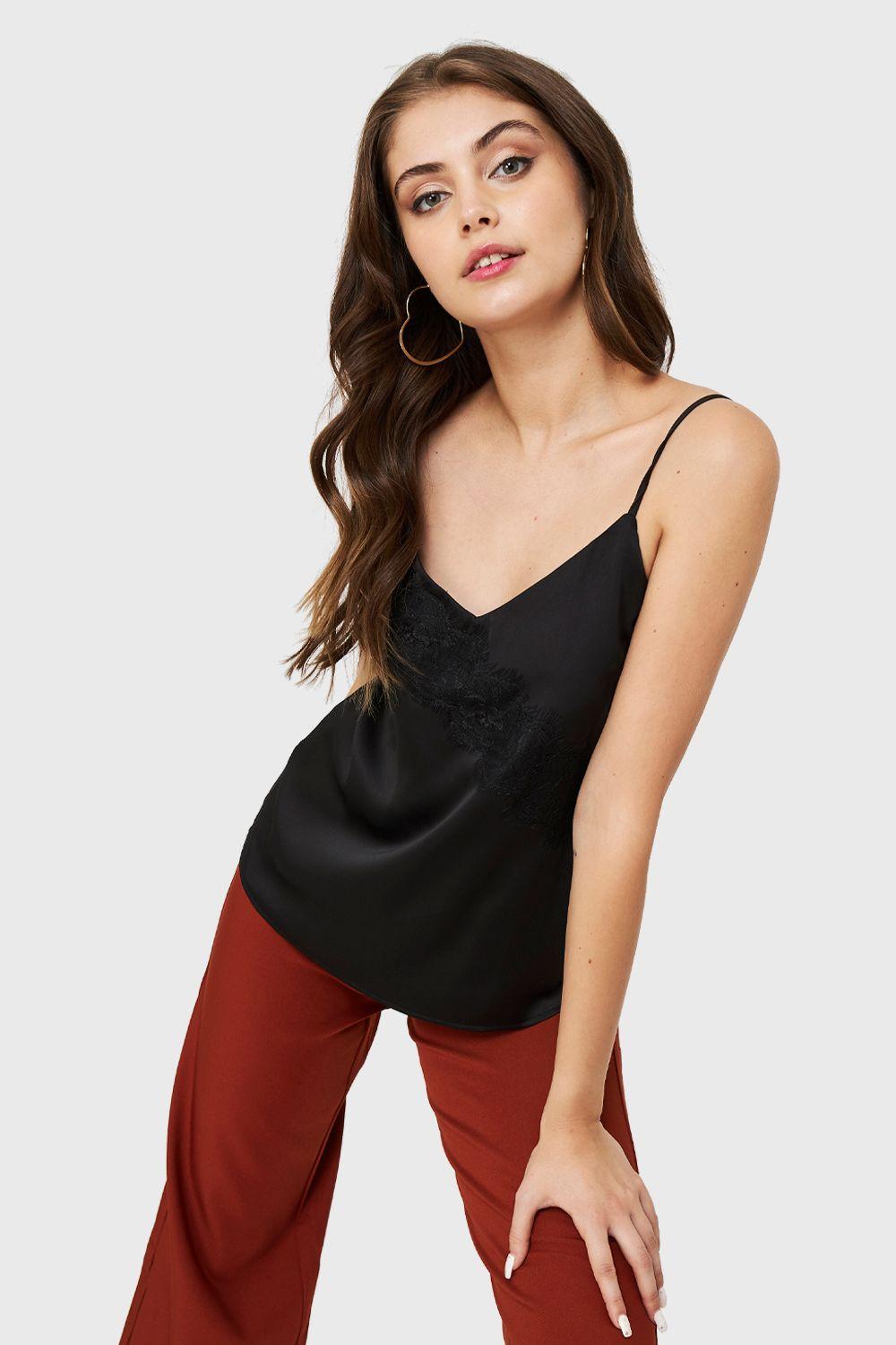 Top Tipo Satín Encaje Negro Nicopoly-4
