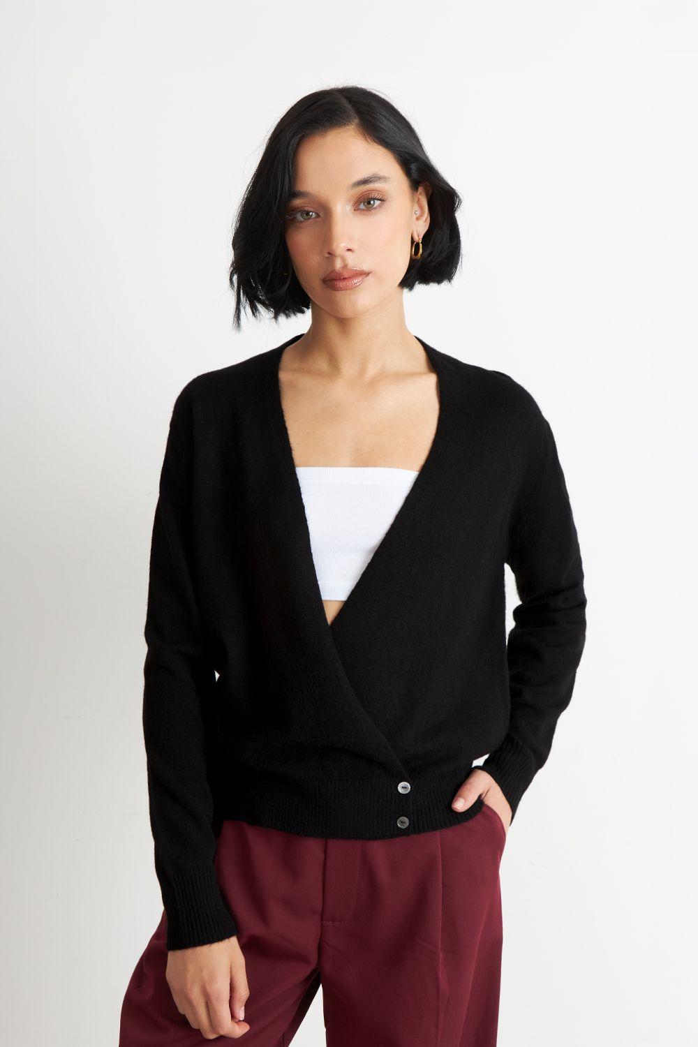 Sweater Cruzado con Botones Negro Nicopoly-0