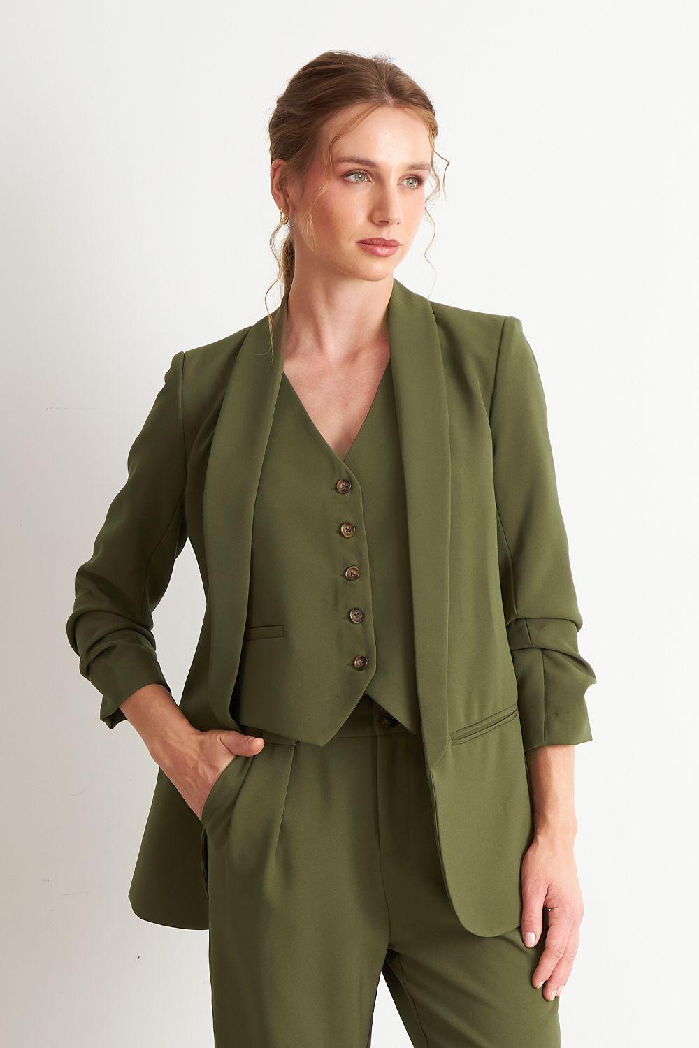 Blazer Manga 3/4 Ajustado con Solapas Oliva Nicopoly-0