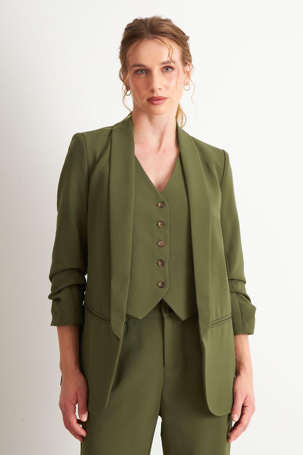 Blazer Manga 3/4 Ajustado con Solapas Oliva Nicopoly-4