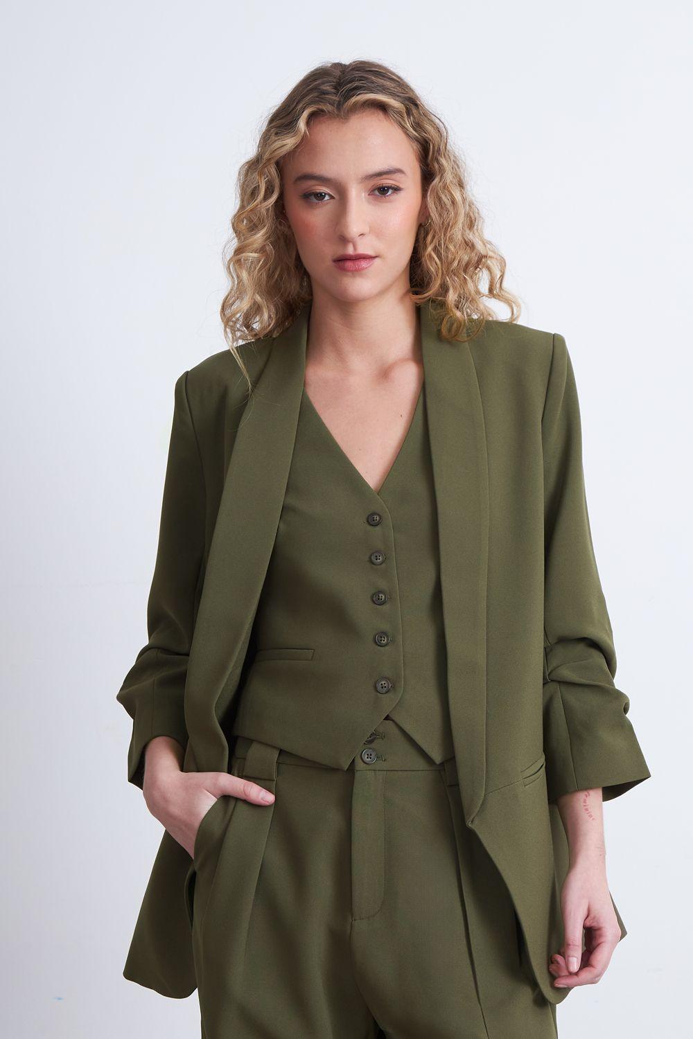 Blazer Manga 3/4 Ajustado con Solapas Oliva Nicopoly-5