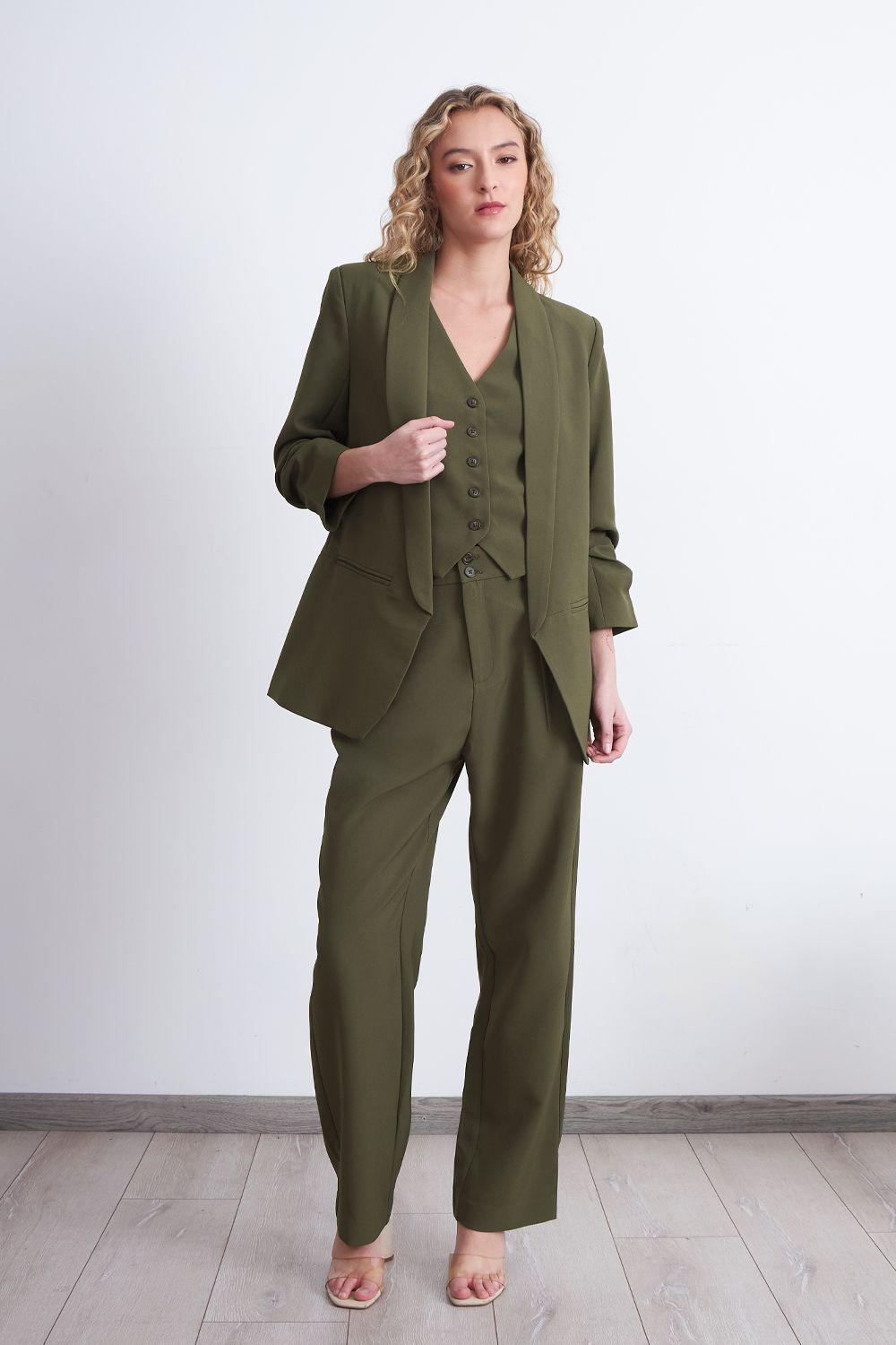 Blazer Manga 3/4 Ajustado con Solapas Oliva Nicopoly-0