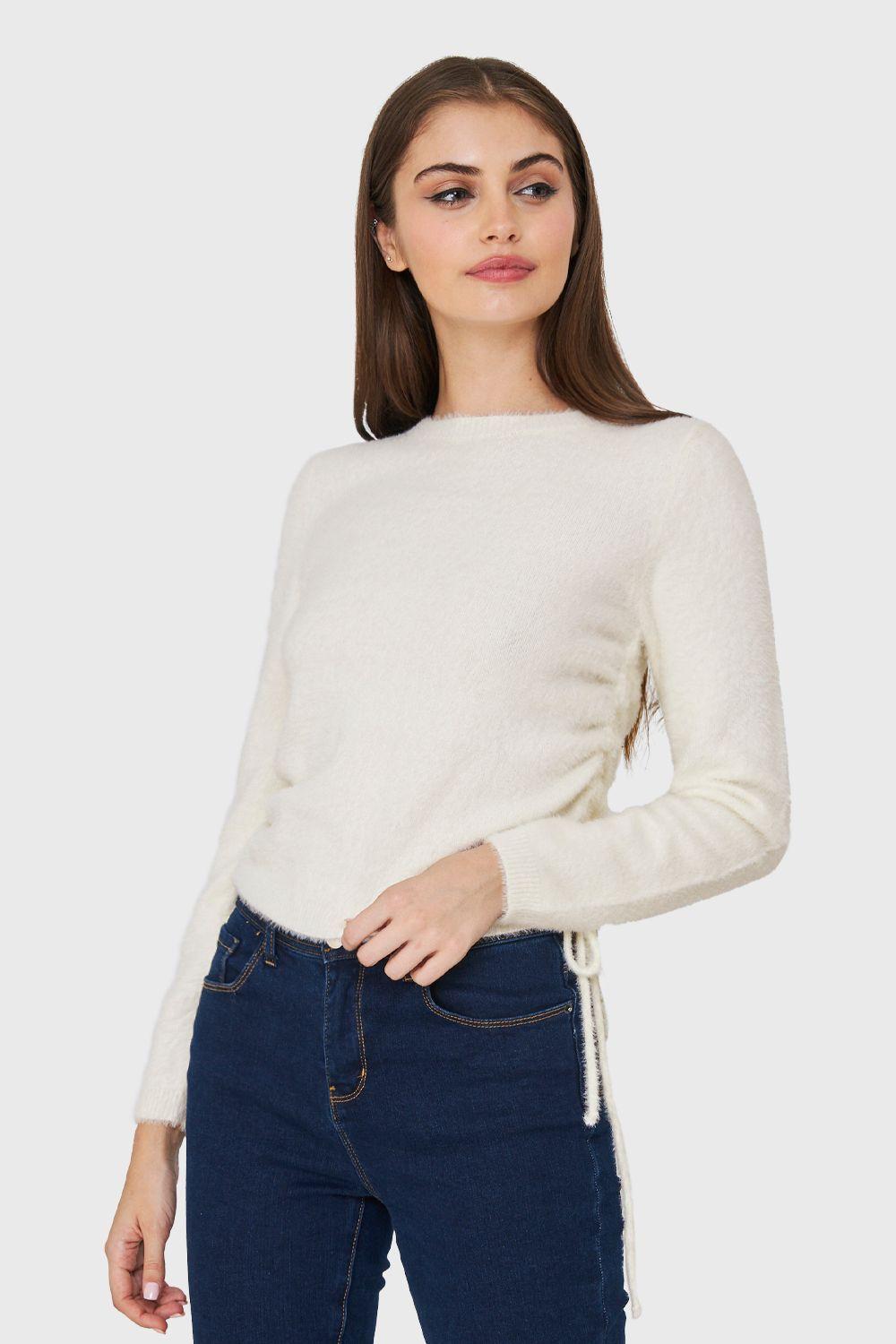 Sweater Peludo Recogido Lateral Blanco Nicopoly-0