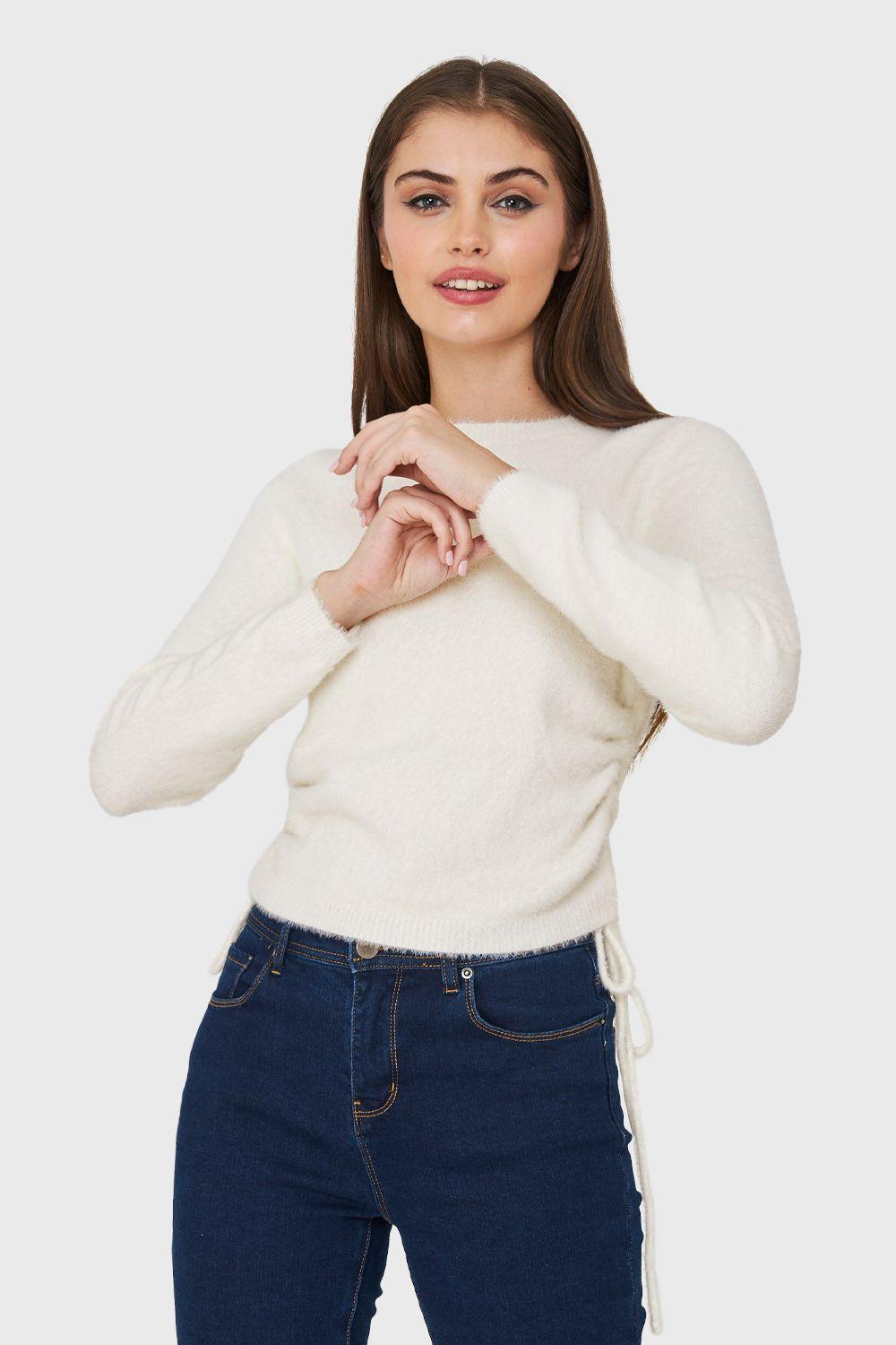 Sweater Peludo Recogido Lateral Blanco Nicopoly-4