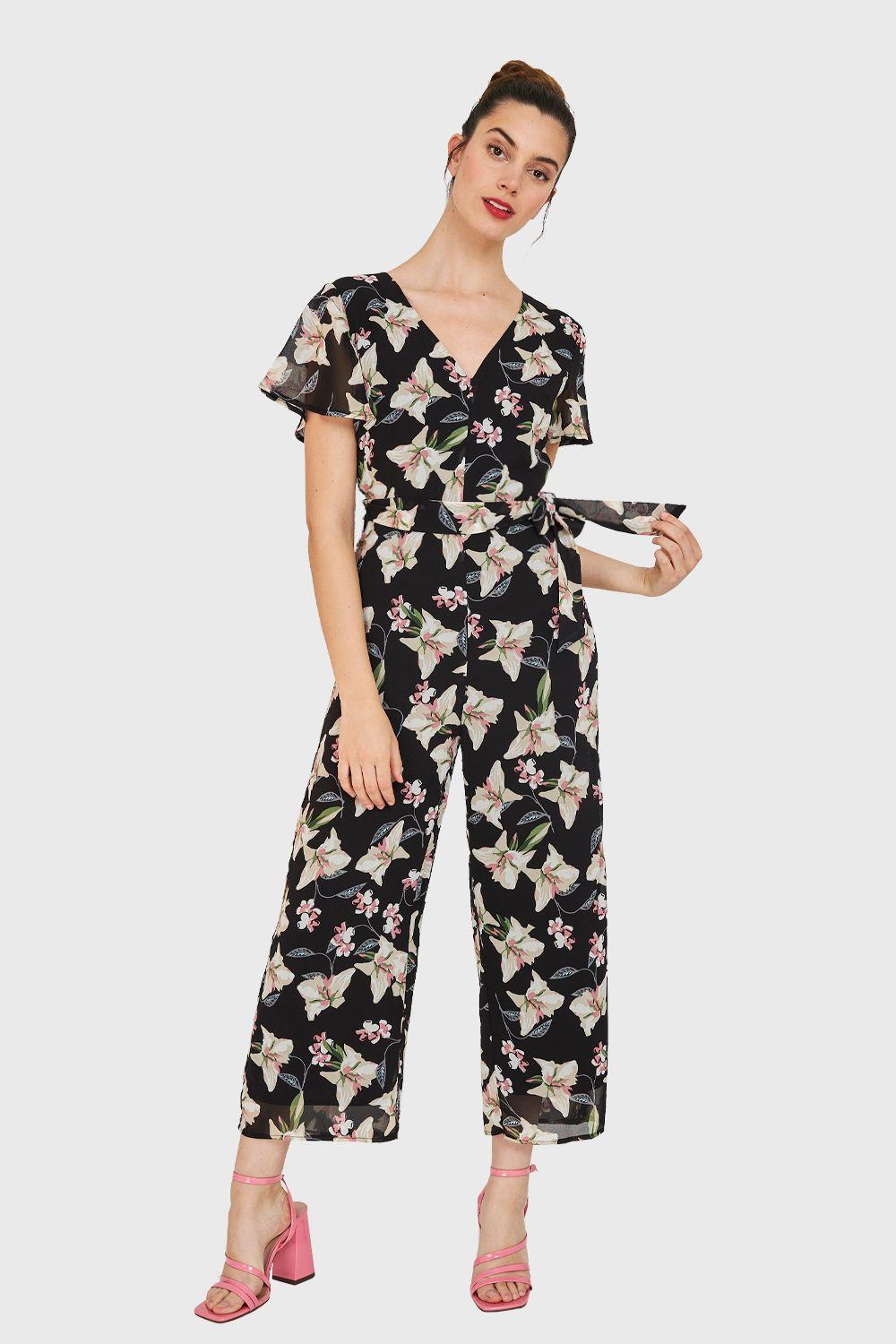 Enterito Flores Escote V Negro Nicopoly-1