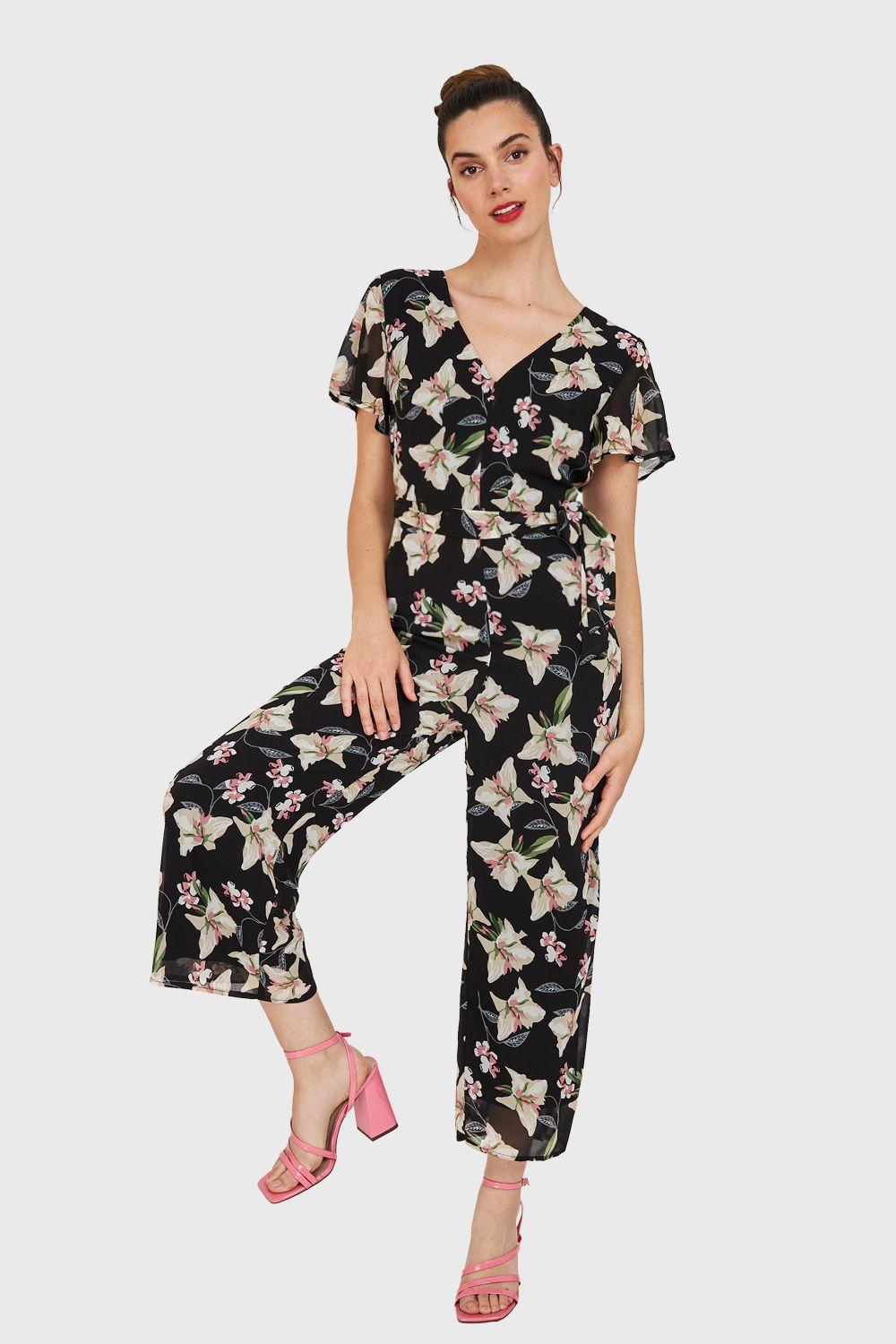 Enterito Flores Escote V Negro Nicopoly-0