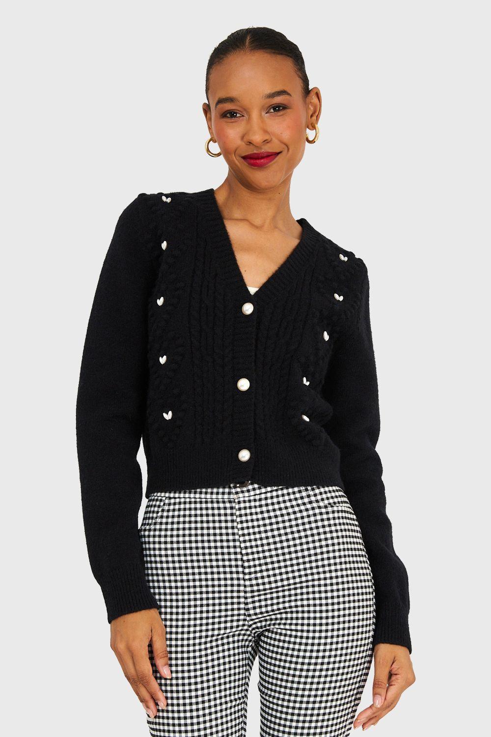 Cárdigan Crop Perlas Negro Nicopoly-0