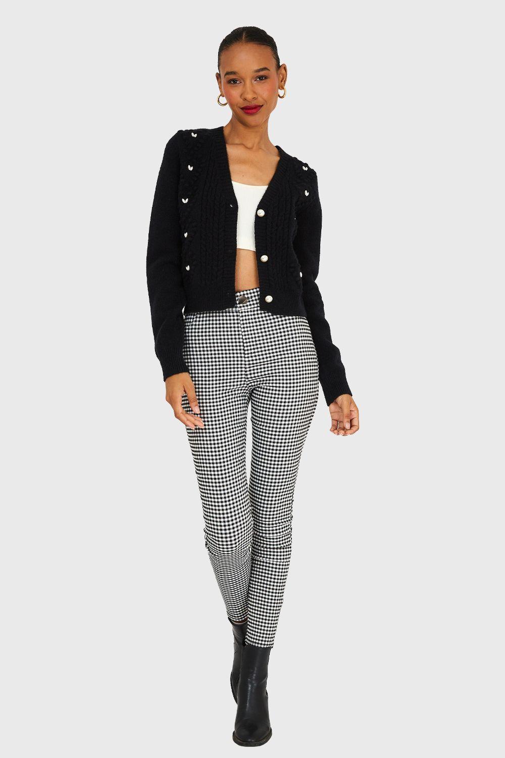 Cárdigan Crop Perlas Negro Nicopoly-1