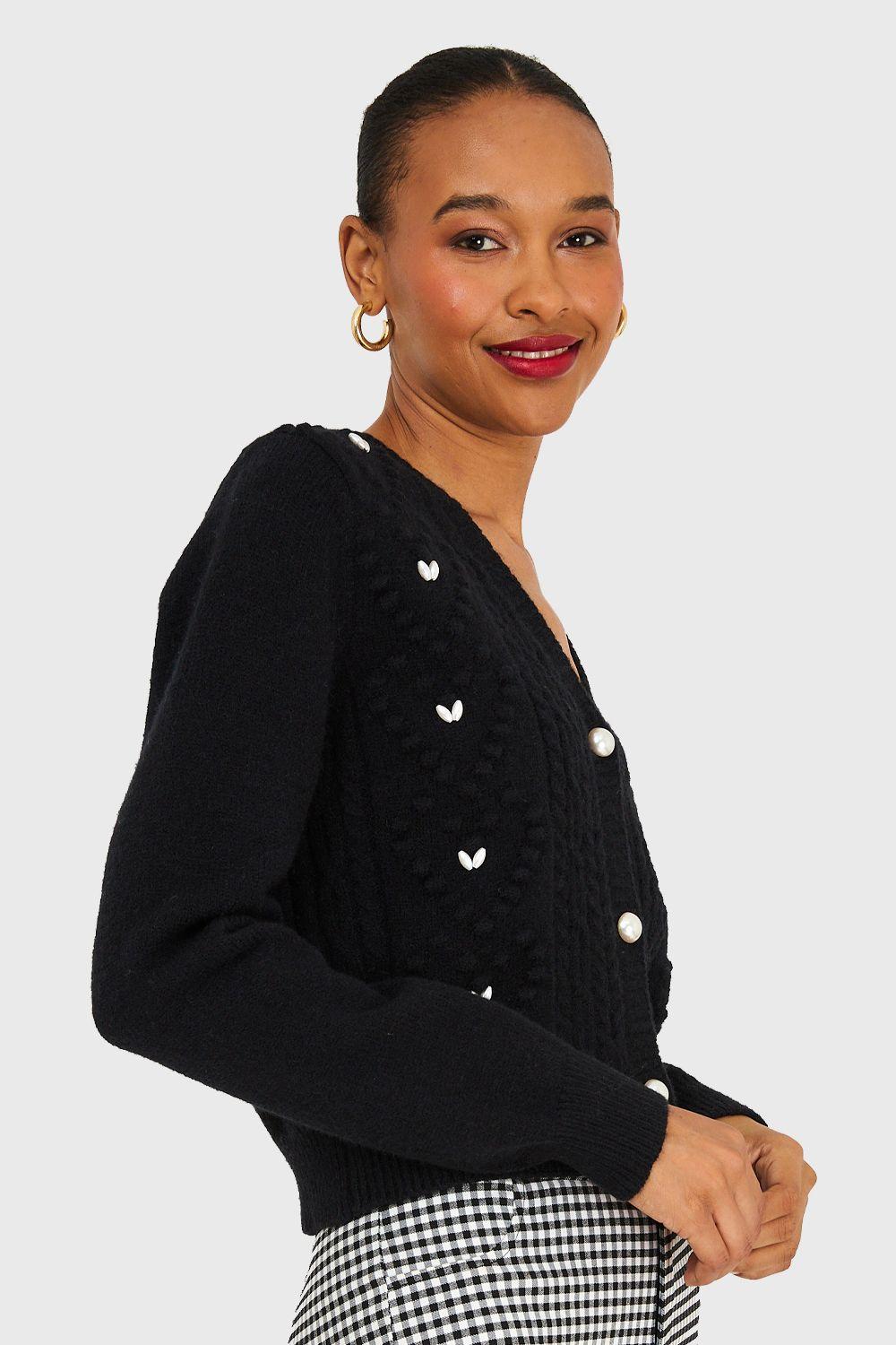 Cárdigan Crop Perlas Negro Nicopoly-2