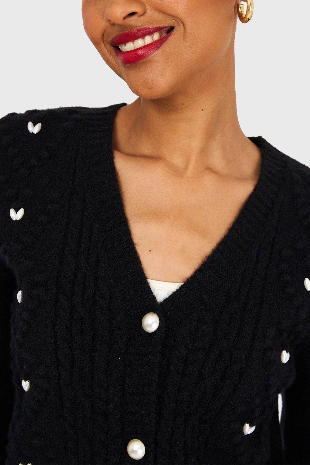 Cárdigan Crop Perlas Negro Nicopoly-5