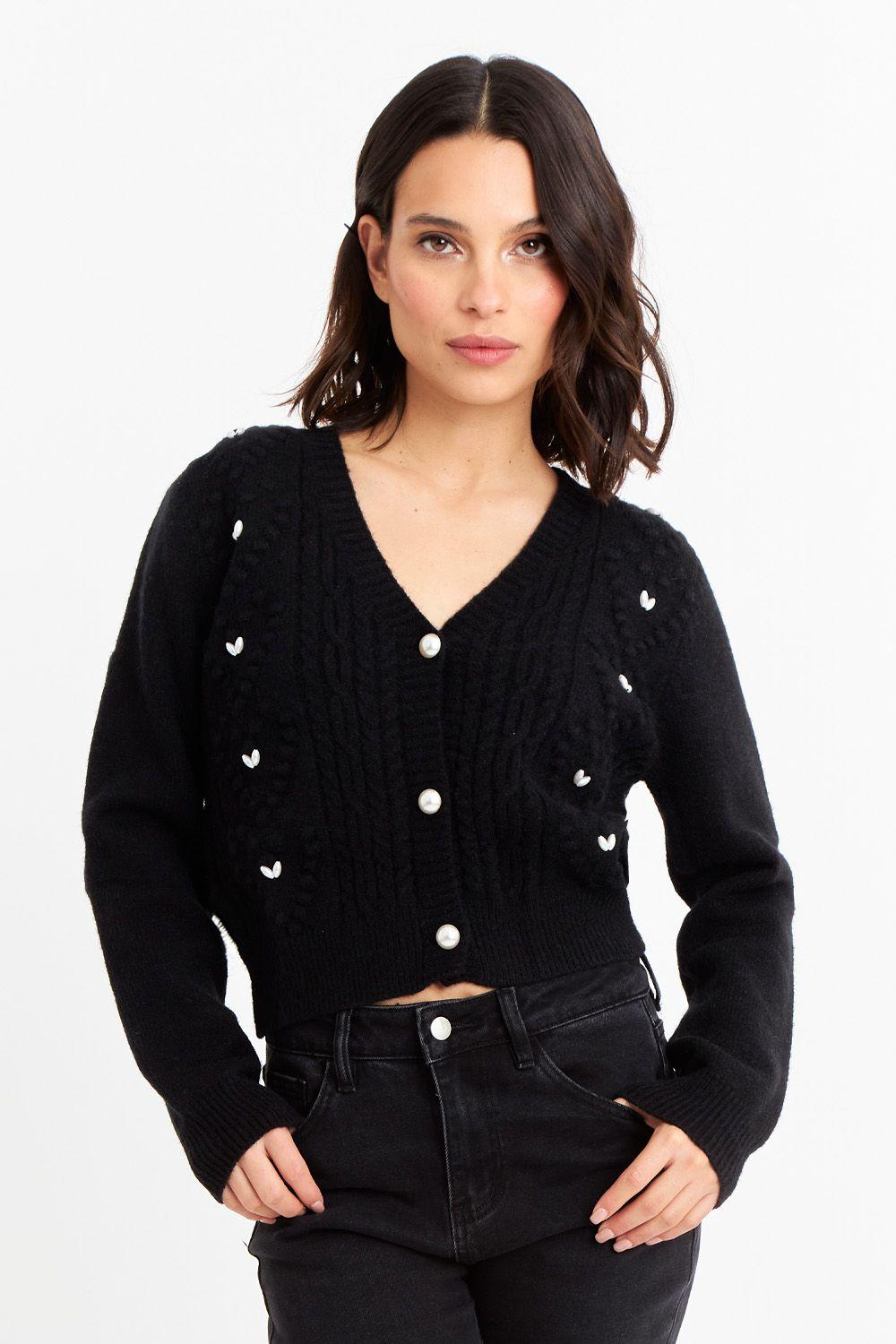 Cárdigan Crop Perlas Negro Nicopoly-0