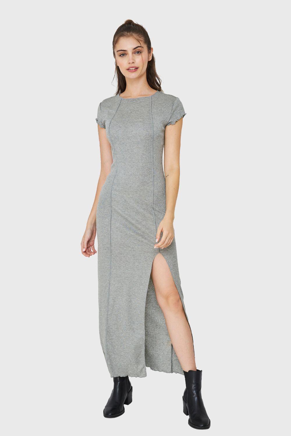 Maxi Vestido Tajo y Costuras Gris Nicopoly-1