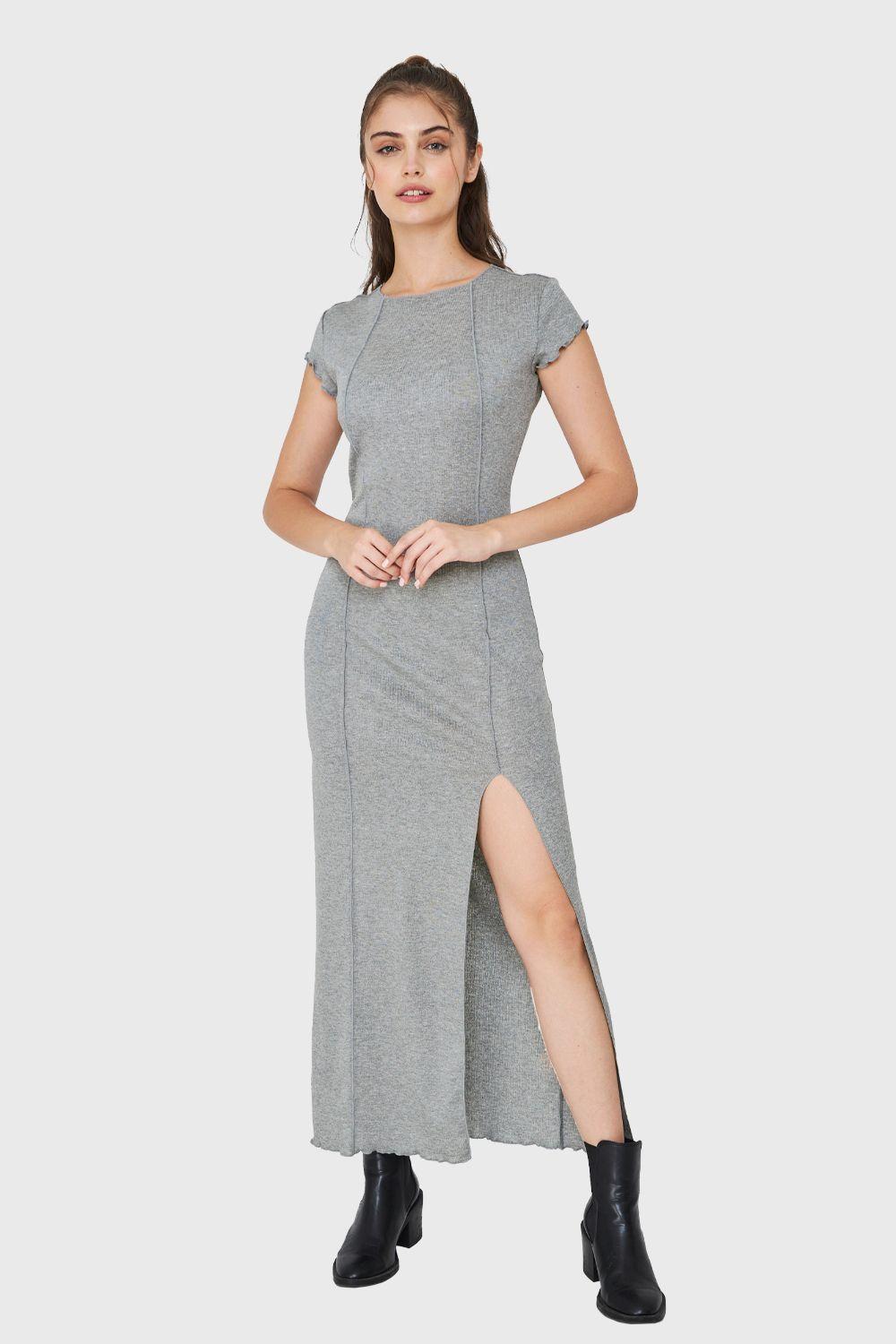 Maxi Vestido Tajo y Costuras Gris Nicopoly-4