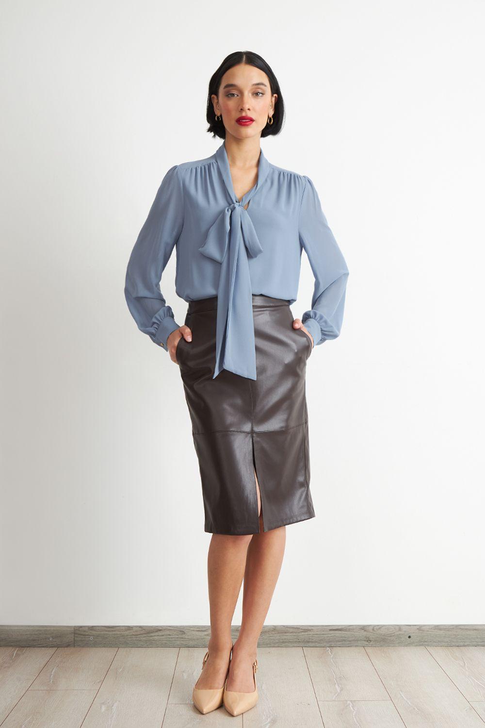 Blusa Manga Larga con Corbatín Celeste Nicopoly-1