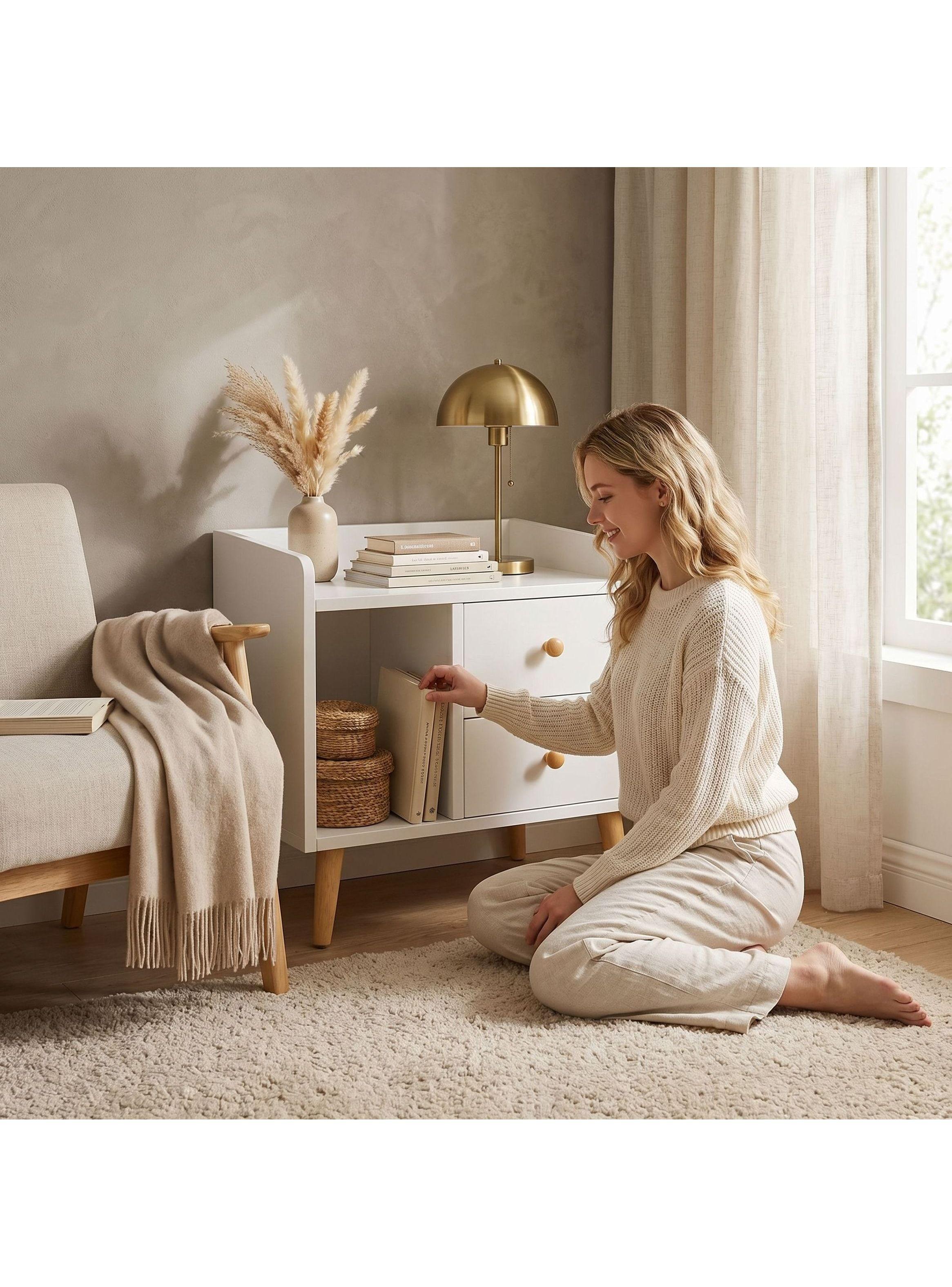 Velador Homer Design Ct029 Melamina 48x47x40 Cm 2 Cajones Blanco-5
