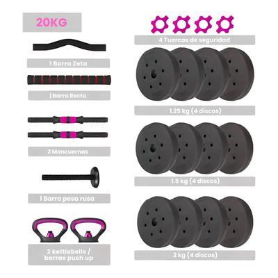 Imagen 2 del producto Set Mancuernas 20 kg 5 en 1 Barra Z Extensor Rosa