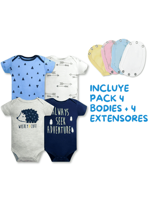 Imagen 2 del producto Pack 4 Unidades Extensor Body Bebé +Pack 4 Bodys Algodón Niño Puercoespín Azul