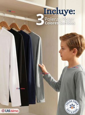 Imagen 2 del producto Pack 3 Poleras Camisetas Polar Primera Capa Cuello Redondo Manga Larga Colores Surtido Niños