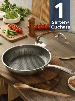 Sartén Acero Inoxidable Antiadherente 28cm +Cuchara Madera de Bambú