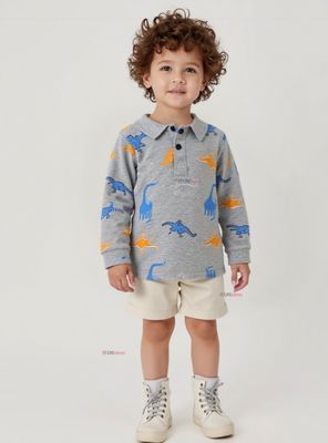 Polera Piqué Manga Larga Niño Estampado Dinosaurios Gris