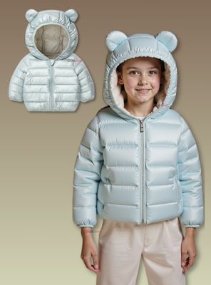 Parka Con Capucha Manga Larga Niña Orejitas Celeste Metalizado