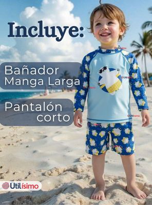 Imagen 2 del producto Traje de Baño Manga Larga Pantalón Corto 2 Piezas Corte Split para Niños 3 a 9 años Blue Polar Bear