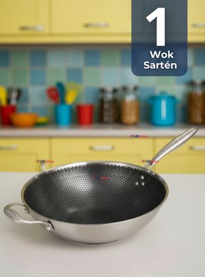 Sartén Wok Acero Inoxidable Antiadherente Para Saltear y Freír 34cm