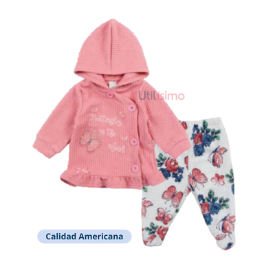 Set 2 Piezas Polerón Pantalón Niña Mariposa Rosa Tedmimak 100% Algodón