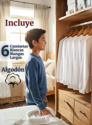 Imagen 2 del producto Pack 6 Camisetas Algodón Manga Larga Polera Primera Capa Blanco Niño
