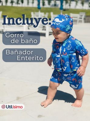 Imagen 2 del producto Traje de Baño Flotador Enterito Con Gorro para Niños 2 Piezas 9 a 36 Meses Blue Sea
