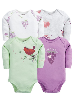 Pack 4 Bodys Tedmimak Niña Manga Larga Pajaritos y Uvas 100% Algodón